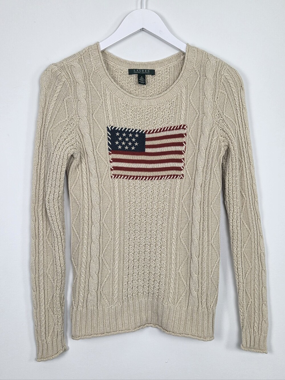 Vintage 90s Ralph Lauren Green Tag American Flag Aran Cable Knit Sweater Cream S